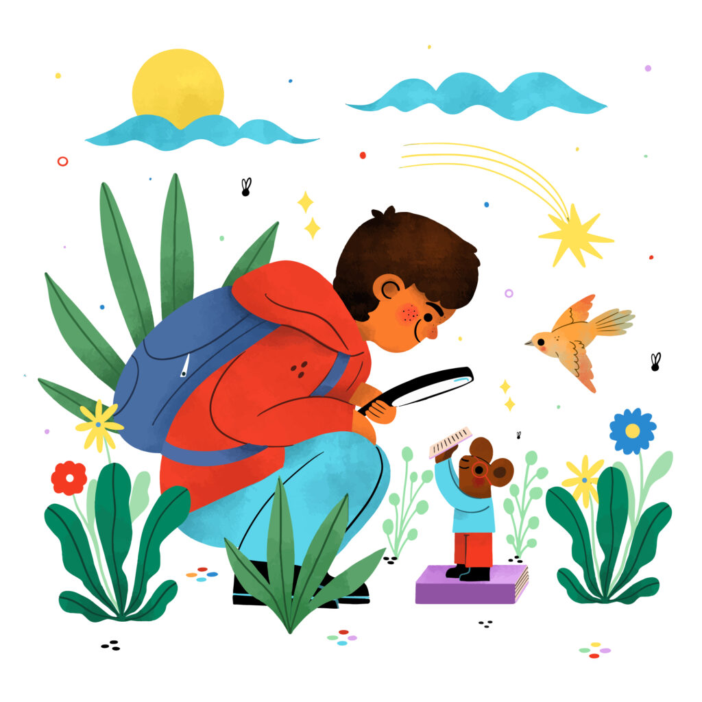 Bambino che esplora la natura con la lente